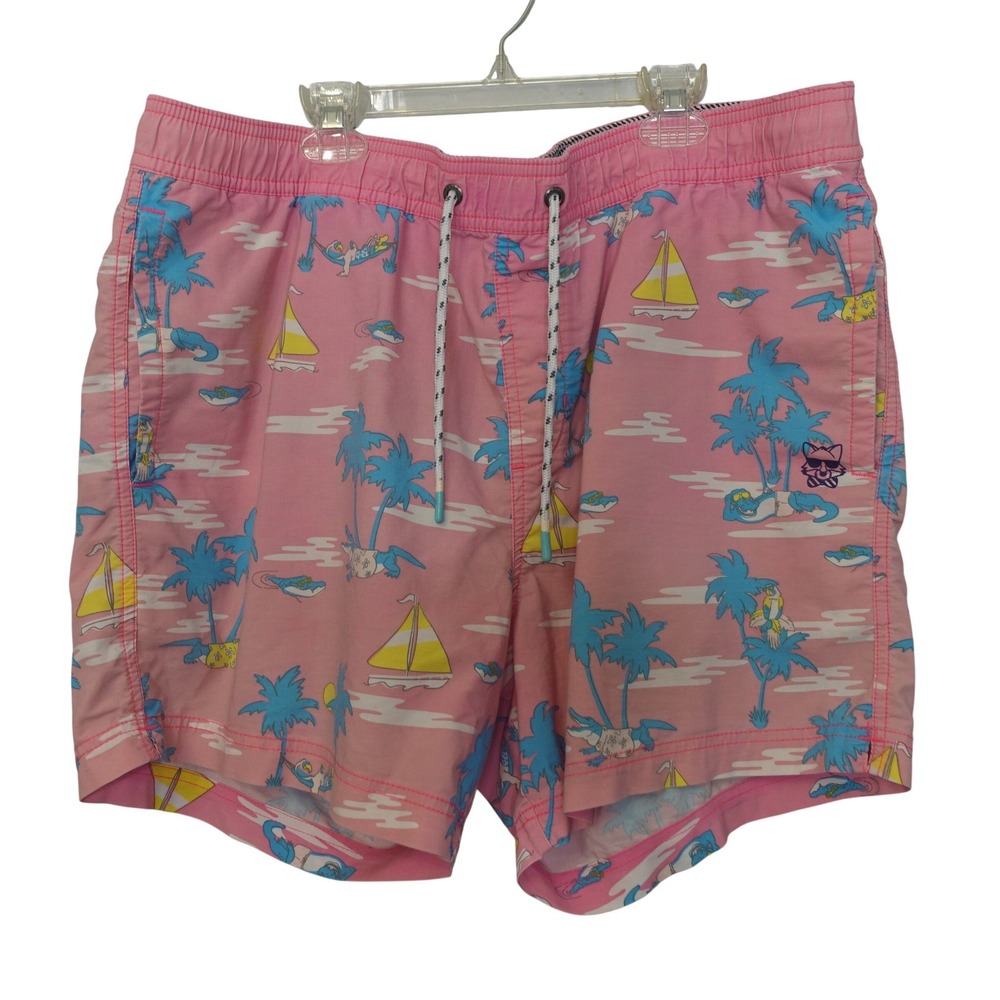 Party Pants Swim Trunks Mens XL Pink Palm‎ Tree Sailboat All Over Print Shorts